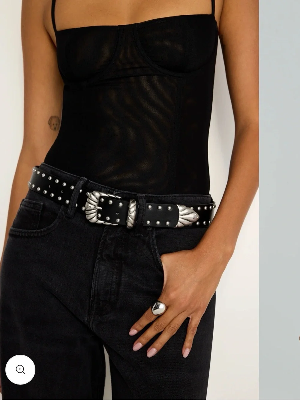 NWT Good American Wide Studded Western Belt Black Silver S/M + Dust Bag